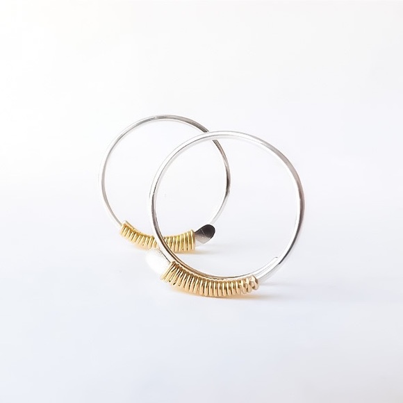 925 Sterling Silver Hammered Open Threader Hoop Earrings Wire Wrapped In Gold - Picture 2 of 11